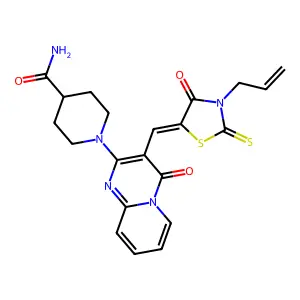 1-(4-oxo-3-{(Z)-[4-oxo-3-(prop-2-en-1-yl)-2-thioxo-1,3-thiazolidin-5-ylidene]methyl}-4H-pyrido[1,2-a]pyrimidin-2-yl)piperidine-4-carboxamide structure