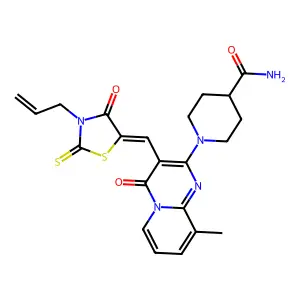 1-(9-methyl-4-oxo-3-{(Z)-[4-oxo-3-(prop-2-en-1-yl)-2-thioxo-1,3-thiazolidin-5-ylidene]methyl}-4H-pyrido[1,2-a]pyrimidin-2-yl)piperidine-4-carboxamide structure
