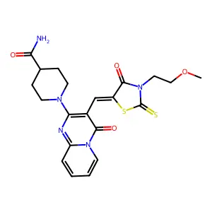 1-(3-{(Z)-[3-(2-methoxyethyl)-4-oxo-2-thioxo-1,3-thiazolidin-5-ylidene]methyl}-4-oxo-4H-pyrido[1,2-a]pyrimidin-2-yl)piperidine-4-carboxamide structure