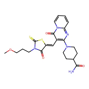 1-(3-{(Z)-[3-(3-methoxypropyl)-4-oxo-2-thioxo-1,3-thiazolidin-5-ylidene]methyl}-4-oxo-4H-pyrido[1,2-a]pyrimidin-2-yl)piperidine-4-carboxamide structure