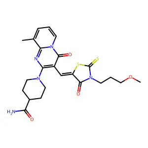 1-(3-{(Z)-[3-(3-methoxypropyl)-4-oxo-2-thioxo-1,3-thiazolidin-5-ylidene]methyl}-9-methyl-4-oxo-4H-pyrido[1,2-a]pyrimidin-2-yl)piperidine-4-carboxamide structure