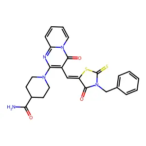 (Z)-1-(3-((3-benzyl-4-oxo-2-thioxothiazolidin-5-ylidene)methyl)-4-oxo-4H-pyrido[1,2-a]pyrimidin-2-yl)piperidine-4-carboxamide structure