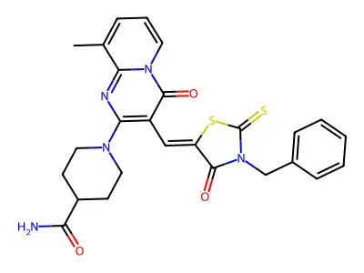 1-{3-[(Z)-(3-benzyl-4-oxo-2-thioxo-1,3-thiazolidin-5-ylidene)methyl]-9-methyl-4-oxo-4H-pyrido[1,2-a]pyrimidin-2-yl}piperidine-4-carboxamide structure