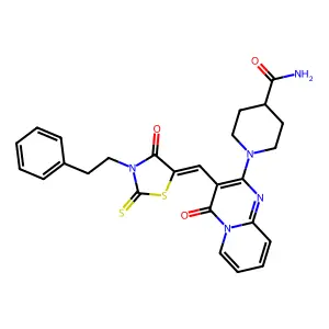 1-(4-oxo-3-{(Z)-[4-oxo-3-(2-phenylethyl)-2-thioxo-1,3-thiazolidin-5-ylidene]methyl}-4H-pyrido[1,2-a]pyrimidin-2-yl)piperidine-4-carboxamide structure