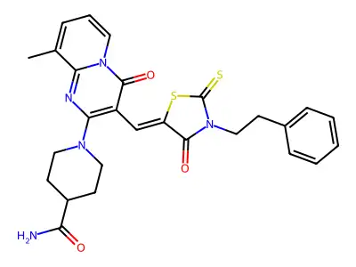1-(9-methyl-4-oxo-3-{(Z)-[4-oxo-3-(2-phenylethyl)-2-thioxo-1,3-thiazolidin-5-ylidene]methyl}-4H-pyrido[1,2-a]pyrimidin-2-yl)piperidine-4-carboxamide structure