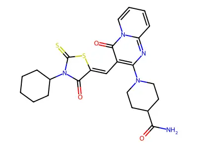 1-{3-[(Z)-(3-cyclohexyl-4-oxo-2-thioxo-1,3-thiazolidin-5-ylidene)methyl]-4-oxo-4H-pyrido[1,2-a]pyrimidin-2-yl}piperidine-4-carboxamide structure