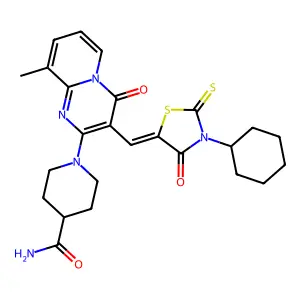 1-{3-[(Z)-(3-cyclohexyl-4-oxo-2-thioxo-1,3-thiazolidin-5-ylidene)methyl]-9-methyl-4-oxo-4H-pyrido[1,2-a]pyrimidin-2-yl}piperidine-4-carboxamide structure