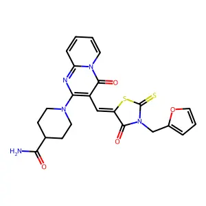 1-(3-{(Z)-[3-(furan-2-ylmethyl)-4-oxo-2-thioxo-1,3-thiazolidin-5-ylidene]methyl}-4-oxo-4H-pyrido[1,2-a]pyrimidin-2-yl)piperidine-4-carboxamide structure