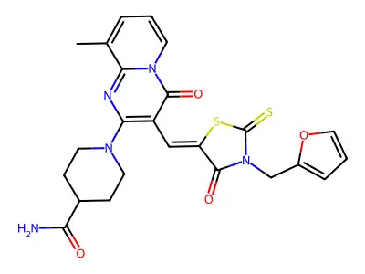 1-(3-{(Z)-[3-(furan-2-ylmethyl)-4-oxo-2-thioxo-1,3-thiazolidin-5-ylidene]methyl}-9-methyl-4-oxo-4H-pyrido[1,2-a]pyrimidin-2-yl)piperidine-4-carboxamide structure
