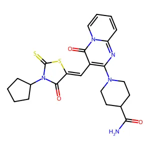 1-{3-[(Z)-(3-cyclopentyl-4-oxo-2-thioxo-1,3-thiazolidin-5-ylidene)methyl]-4-oxo-4H-pyrido[1,2-a]pyrimidin-2-yl}piperidine-4-carboxamide structure
