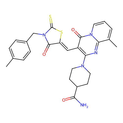 (Z)-1-(9-methyl-3-((3-(4-methylbenzyl)-4-oxo-2-thioxothiazolidin-5-ylidene)methyl)-4-oxo-4H-pyrido[1,2-a]pyrimidin-2-yl)piperidine-4-carboxamide structure