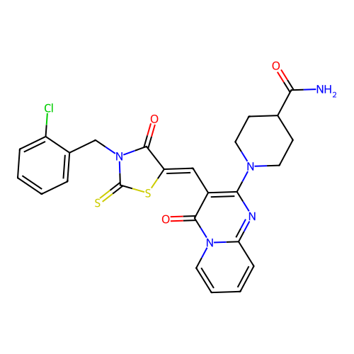 (Z)-1-(3-((3-(2-chlorobenzyl)-4-oxo-2-thioxothiazolidin-5-ylidene)methyl)-4-oxo-4H-pyrido[1,2-a]pyrimidin-2-yl)piperidine-4-carboxamide structure