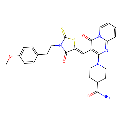 1-{3-[(Z)-{3-[2-(4-methoxyphenyl)ethyl]-4-oxo-2-thioxo-1,3-thiazolidin-5-ylidene}methyl]-4-oxo-4H-pyrido[1,2-a]pyrimidin-2-yl}piperidine-4-carboxamide structure
