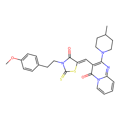 3-[(Z)-{3-[2-(4-methoxyphenyl)ethyl]-4-oxo-2-thioxo-1,3-thiazolidin-5-ylidene}methyl]-2-(4-methylpiperidin-1-yl)-4H-pyrido[1,2-a]pyrimidin-4-one structure