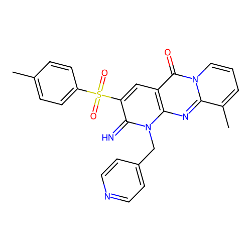 2-imino-10-methyl-1-(pyridin-4-ylmethyl)-3-tosyl-1H-dipyrido[1,2-a:2',3'-d]pyrimidin-5(2H)-one structure