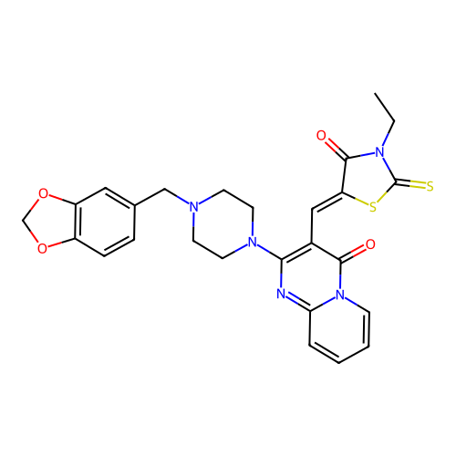 2-[4-(1,3-benzodioxol-5-ylmethyl)piperazin-1-yl]-3-[(Z)-(3-ethyl-4-oxo-2-thioxo-1,3-thiazolidin-5-ylidene)methyl]-4H-pyrido[1,2-a]pyrimidin-4-one structure