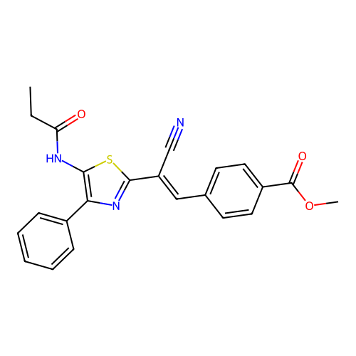 methyl 4-[(E)-2-cyano-2-[4-phenyl-5-(propanoylamino)-1,3-thiazol-2-yl]ethenyl]benzoate structure