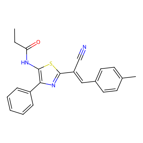 (E)-N-(2-(1-cyano-2-(p-tolyl)vinyl)-4-phenylthiazol-5-yl)propionamide structure