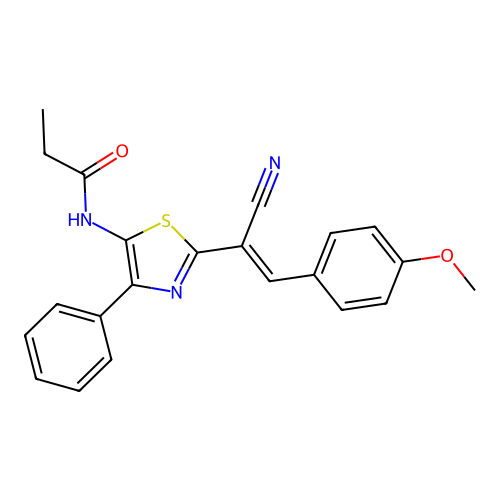 (E)-N-(2-(1-cyano-2-(4-methoxyphenyl)vinyl)-4-phenylthiazol-5-yl)propionamide structure