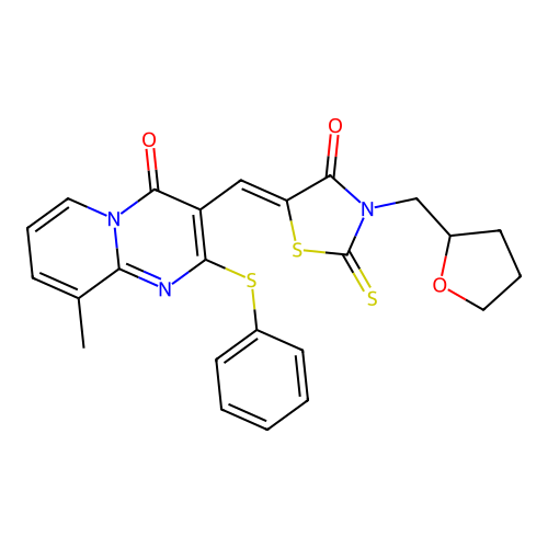 9-METHYL-3-{(Z)-[4-OXO-3-(TETRAHYDRO-2-FURANYLMETHYL)-2-THIOXO-1,3-THIAZOLIDIN-5-YLIDENE]METHYL}-2-(PHENYLSULFANYL)-4H-PYRIDO[1,2-A]PYRIMIDIN-4-ONE structure