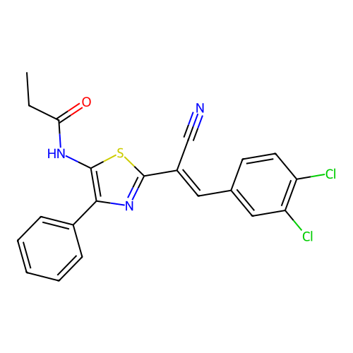 (E)-N-(2-(1-cyano-2-(3,4-dichlorophenyl)vinyl)-4-phenylthiazol-5-yl)propionamide structure