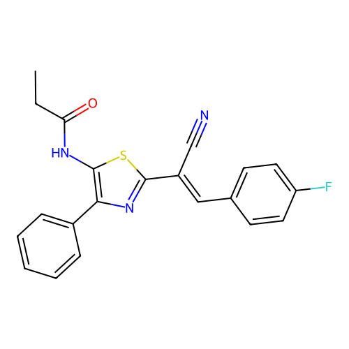 (E)-N-(2-(1-cyano-2-(4-fluorophenyl)vinyl)-4-phenylthiazol-5-yl)propionamide structure