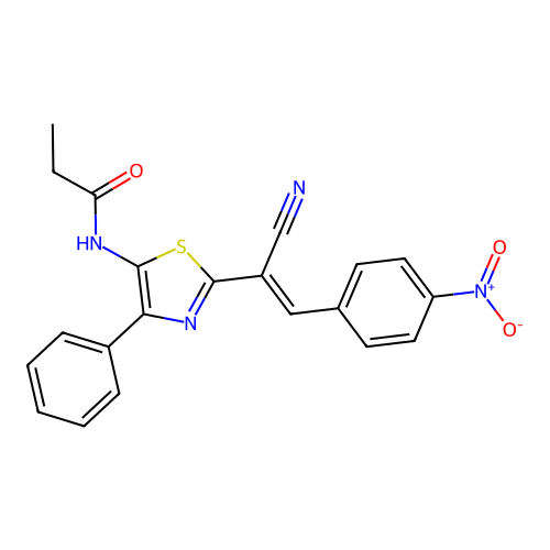 (E)-N-(2-(1-cyano-2-(4-nitrophenyl)vinyl)-4-phenylthiazol-5-yl)propionamide structure