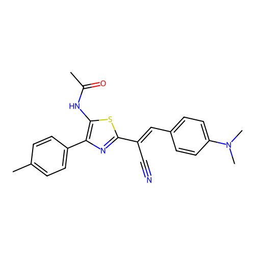 (E)-N-(2-(1-cyano-2-(4-(dimethylamino)phenyl)vinyl)-4-(p-tolyl)thiazol-5-yl)acetamide structure