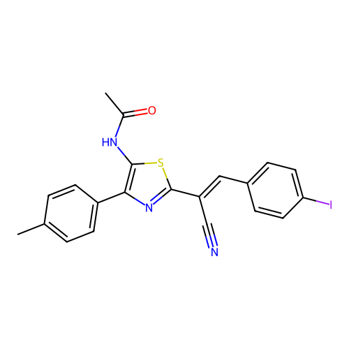 (E)-N-(2-(1-cyano-2-(4-iodophenyl)vinyl)-4-(p-tolyl)thiazol-5-yl)acetamide structure