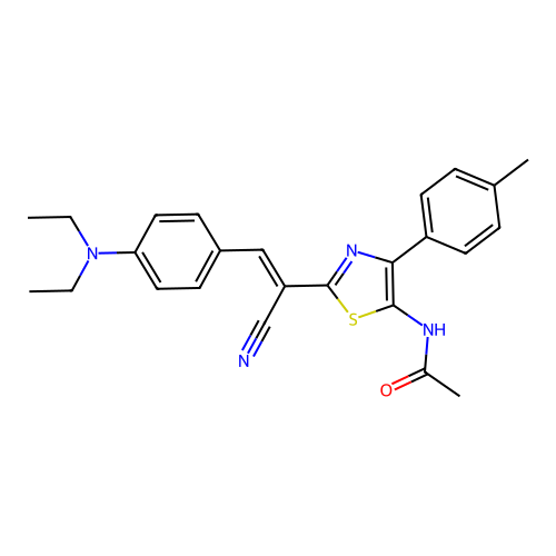 (E)-N-(2-(1-cyano-2-(4-(diethylamino)phenyl)vinyl)-4-(p-tolyl)thiazol-5-yl)acetamide structure