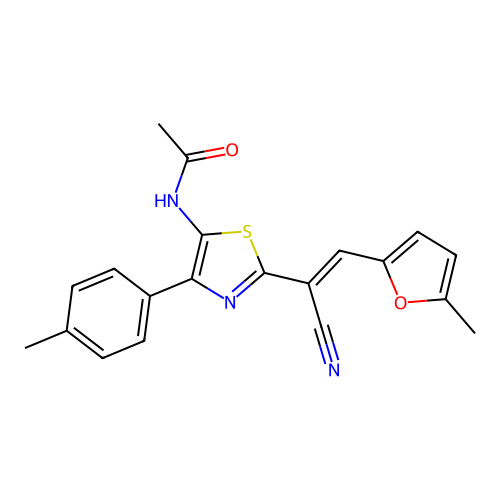 (E)-N-(2-(1-cyano-2-(5-methylfuran-2-yl)vinyl)-4-(p-tolyl)thiazol-5-yl)acetamide structure
