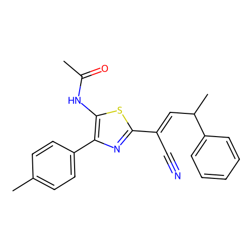 (E)-N-(2-(1-cyano-3-phenylbut-1-en-1-yl)-4-(p-tolyl)thiazol-5-yl)acetamide structure