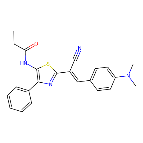 (E)-N-(2-(1-cyano-2-(4-(dimethylamino)phenyl)vinyl)-4-phenylthiazol-5-yl)propionamide structure