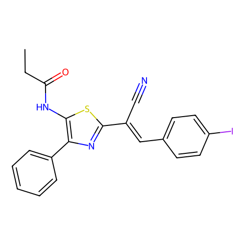 N-{2-[(E)-1-cyano-2-(4-iodophenyl)ethenyl]-4-phenyl-1,3-thiazol-5-yl}propanamide structure