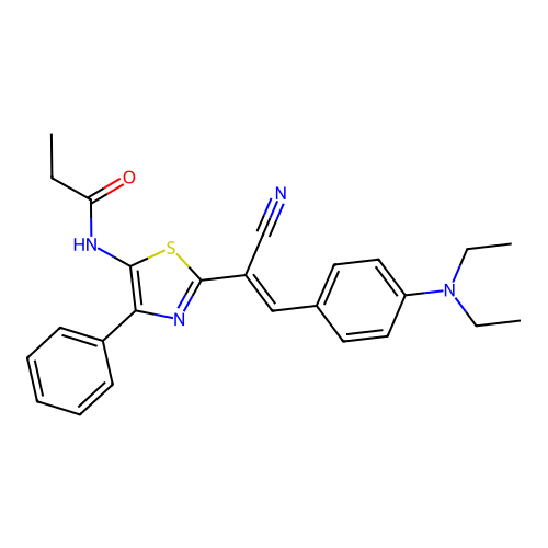 (E)-N-(2-(1-cyano-2-(4-(diethylamino)phenyl)vinyl)-4-phenylthiazol-5-yl)propionamide structure