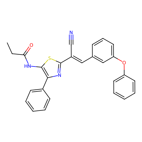 (E)-N-(2-(1-cyano-2-(3-phenoxyphenyl)vinyl)-4-phenylthiazol-5-yl)propionamide structure