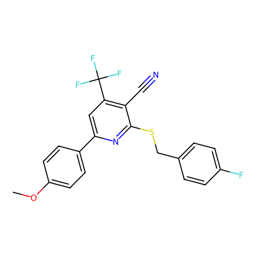 2-[(4-fluorophenyl)methylsulfanyl]-6-(4-methoxyphenyl)-4-(trifluoromethyl)pyridine-3-carbonitrile structure