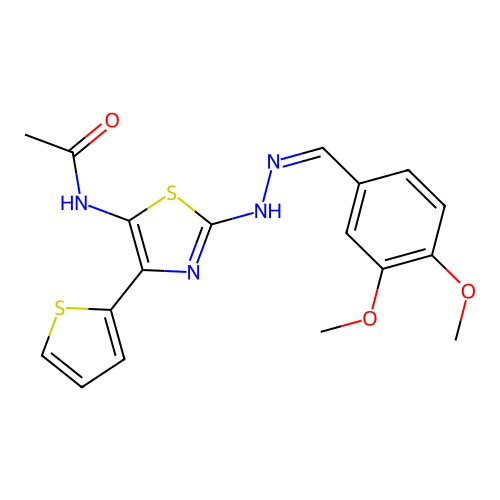 (Z)-N-(2-(2-(3,4-dimethoxybenzylidene)hydrazinyl)-4-(thiophen-2-yl)thiazol-5-yl)acetamide structure