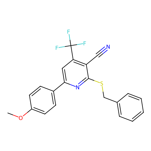 2-benzylsulfanyl-6-(4-methoxyphenyl)-4-(trifluoromethyl)pyridine-3-carbonitrile structure