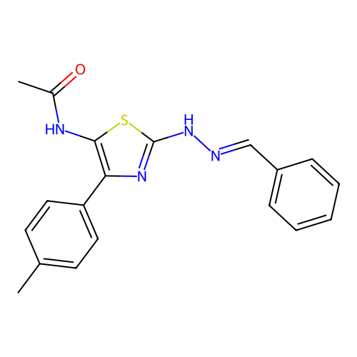 N-[2-[(2E)-2-benzylidenehydrazinyl]-4-(4-methylphenyl)-1,3-thiazol-5-yl]acetamide structure