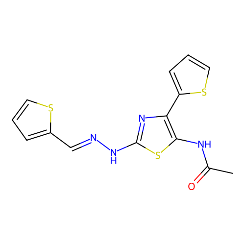 (E)-N-(4-(thiophen-2-yl)-2-(2-(thiophen-2-ylmethylene)hydrazinyl)thiazol-5-yl)acetamide structure