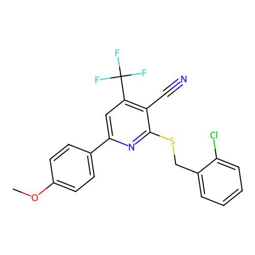 2-[(2-chlorophenyl)methylsulfanyl]-6-(4-methoxyphenyl)-4-(trifluoromethyl)pyridine-3-carbonitrile structure