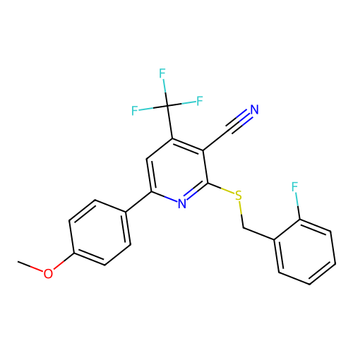 2-[(2-fluorophenyl)methylsulfanyl]-6-(4-methoxyphenyl)-4-(trifluoromethyl)pyridine-3-carbonitrile structure