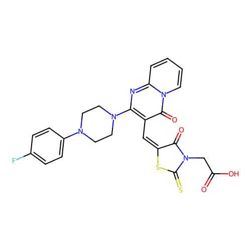 (E)-2-(5-((2-(4-(4-fluorophenyl)piperazin-1-yl)-4-oxo-4H-pyrido[1,2-a]pyrimidin-3-yl)methylene)-4-oxo-2-thioxothiazolidin-3-yl)acetic acid structure