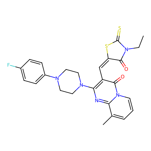 (E)-3-ethyl-5-((2-(4-(4-fluorophenyl)piperazin-1-yl)-9-methyl-4-oxo-4H-pyrido[1,2-a]pyrimidin-3-yl)methylene)-2-thioxothiazolidin-4-one structure