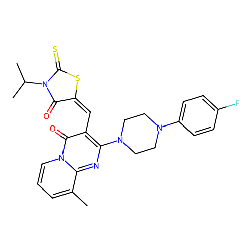 (E)-5-((2-(4-(4-fluorophenyl)piperazin-1-yl)-9-methyl-4-oxo-4H-pyrido[1,2-a]pyrimidin-3-yl)methylene)-3-isopropyl-2-thioxothiazolidin-4-one structure
