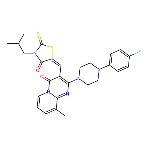 (E)-5-((2-(4-(4-fluorophenyl)piperazin-1-yl)-9-methyl-4-oxo-4H-pyrido[1,2-a]pyrimidin-3-yl)methylene)-3-isobutyl-2-thioxothiazolidin-4-one structure