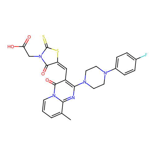 (E)-2-(5-((2-(4-(4-fluorophenyl)piperazin-1-yl)-9-methyl-4-oxo-4H-pyrido[1,2-a]pyrimidin-3-yl)methylene)-4-oxo-2-thioxothiazolidin-3-yl)acetic acid structure