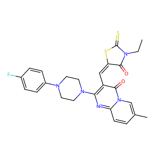 (E)-3-ethyl-5-((2-(4-(4-fluorophenyl)piperazin-1-yl)-7-methyl-4-oxo-4H-pyrido[1,2-a]pyrimidin-3-yl)methylene)-2-thioxothiazolidin-4-one structure