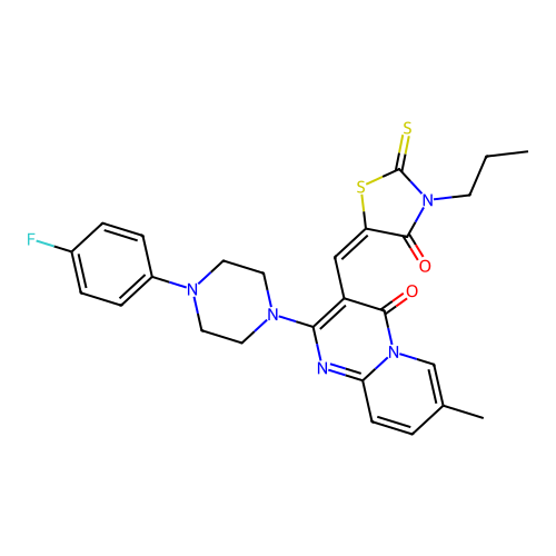 (E)-5-((2-(4-(4-fluorophenyl)piperazin-1-yl)-7-methyl-4-oxo-4H-pyrido[1,2-a]pyrimidin-3-yl)methylene)-3-propyl-2-thioxothiazolidin-4-one structure
